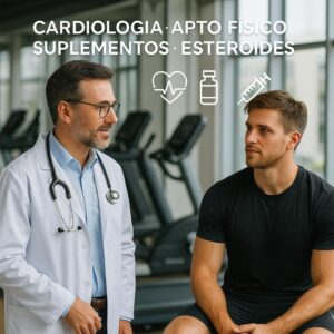 Médico conversa con un deportista joven en un gimnasio, reflejando la importancia del apto físico previo al entrenamiento.