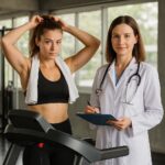 Doctora evalúa a una paciente deportista en un gimnasio, escena que representa control médico y prevención cardiovascular.