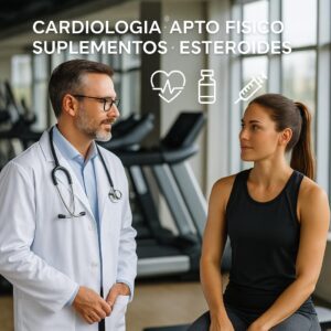 Cardiologo conversa con una deportista joven en un gimnasio, reflejando la importancia del apto físico previo al entrenamiento.